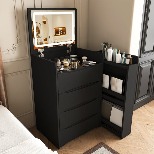 English Elm 3-In-1 Flip Mirror Vanity with LED Lighting Sliding Tray and Stool for Bedroom Black W2700P507224