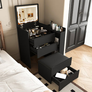 English Elm 3-In-1 Flip Mirror Vanity with LED Lighting Sliding Tray and Stool for Bedroom Black W2700P507224