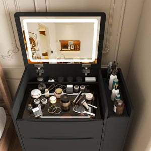English Elm 3-In-1 Flip Mirror Vanity with LED Lighting Sliding Tray and Stool for Bedroom Black W2700P507224