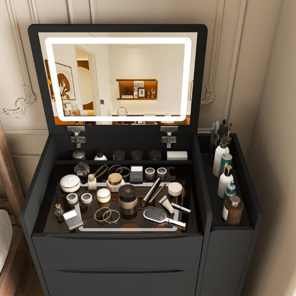 English Elm 3-In-1 Flip Mirror Vanity with LED Lighting Sliding Tray and Stool for Bedroom Black W2700P507224
