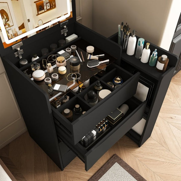 English Elm 3-In-1 Flip Mirror Vanity with LED Lighting Sliding Tray and Stool for Bedroom Black W2700P507224