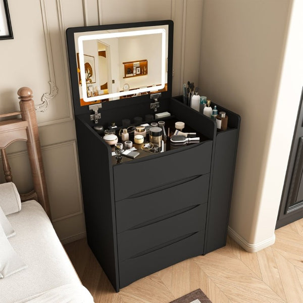 English Elm 3-In-1 Flip Mirror Vanity with LED Lighting Sliding Tray and Stool for Bedroom Black W2700P507224