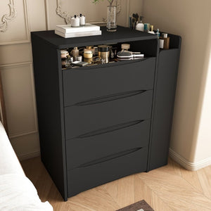 English Elm 3-In-1 Flip Mirror Vanity with LED Lighting Sliding Tray and Stool for Bedroom Black W2700P507224