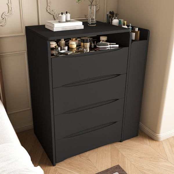 English Elm 3-In-1 Flip Mirror Vanity with LED Lighting Sliding Tray and Stool for Bedroom Black W2700P507224