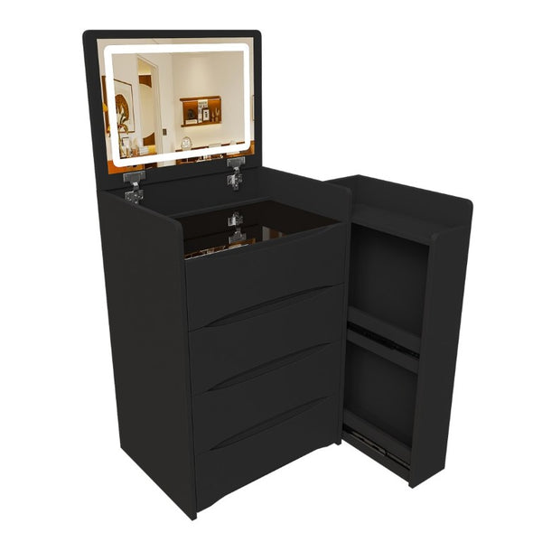 English Elm 3-In-1 Flip Mirror Vanity with LED Lighting Sliding Tray and Stool for Bedroom Black W2700P507224