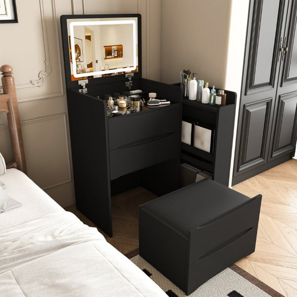 English Elm 3-In-1 Flip Mirror Vanity with LED Lighting Sliding Tray and Stool for Bedroom Black W2700P507224