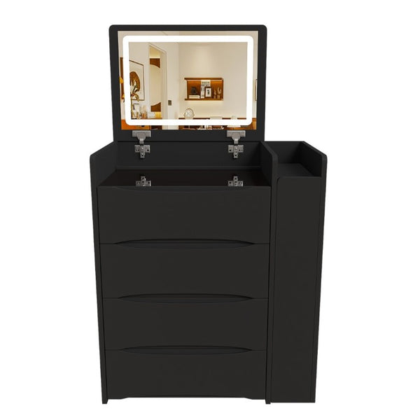English Elm 3-In-1 Flip Mirror Vanity with LED Lighting Sliding Tray and Stool for Bedroom Black W2700P507224