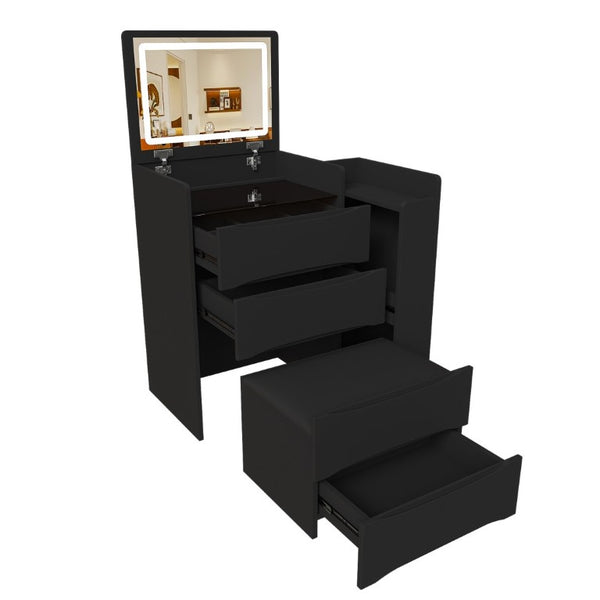 English Elm 3-In-1 Flip Mirror Vanity with LED Lighting Sliding Tray and Stool for Bedroom Black W2700P507224