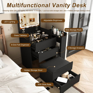 English Elm 3-In-1 Flip Mirror Vanity with LED Lighting Sliding Tray and Stool for Bedroom Black W2700P507224