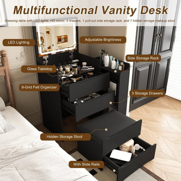 English Elm 3-In-1 Flip Mirror Vanity with LED Lighting Sliding Tray and Stool for Bedroom Black W2700P507224