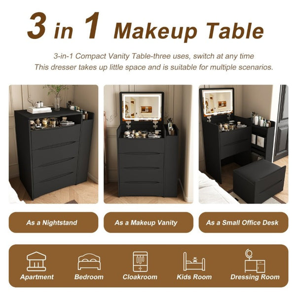 English Elm 3-In-1 Flip Mirror Vanity with LED Lighting Sliding Tray and Stool for Bedroom Black W2700P507224