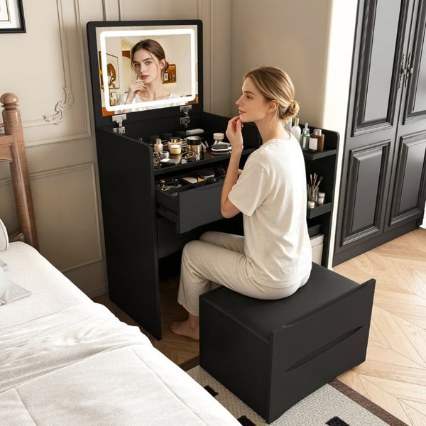 English Elm 3-In-1 Flip Mirror Vanity with LED Lighting Sliding Tray and Stool for Bedroom Black W2700P507224