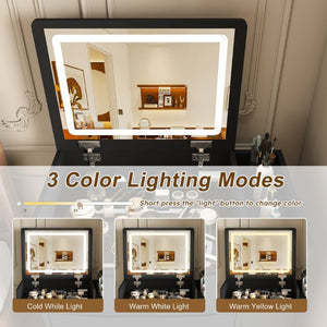 English Elm 3-In-1 Flip Mirror Vanity with LED Lighting Sliding Tray and Stool for Bedroom Black W2700P507224