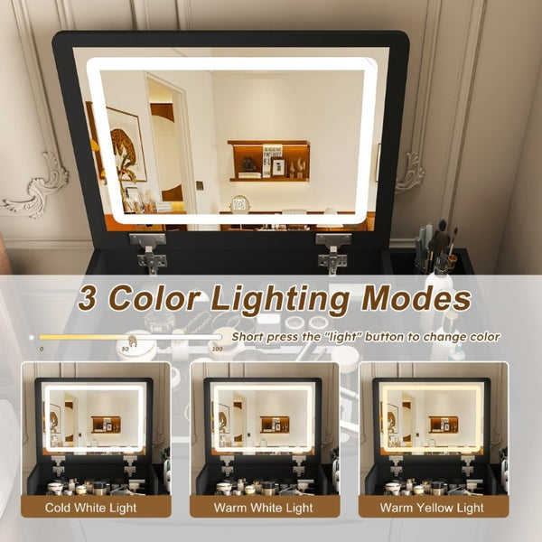 English Elm 3-In-1 Flip Mirror Vanity with LED Lighting Sliding Tray and Stool for Bedroom Black W2700P507224
