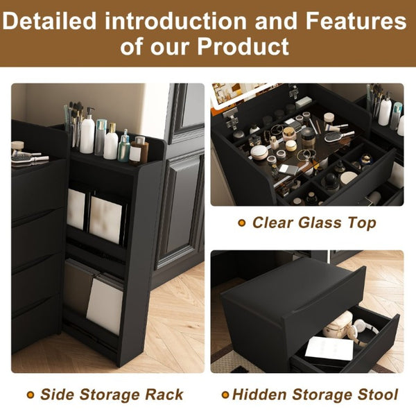 English Elm 3-In-1 Flip Mirror Vanity with LED Lighting Sliding Tray and Stool for Bedroom Black W2700P507224