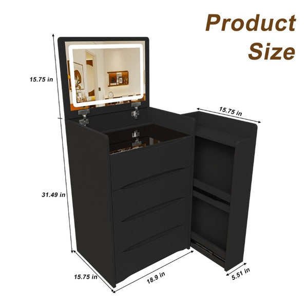 English Elm 3-In-1 Flip Mirror Vanity with LED Lighting Sliding Tray and Stool for Bedroom Black W2700P507224
