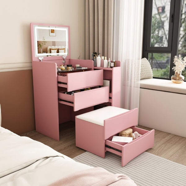 English Elm 3-In-1 Flip Mirror Vanity with LED Lighting Sliding Tray and Stool for Bedroom Pink W2700P507225