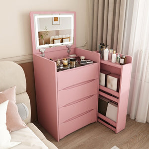 English Elm 3-In-1 Flip Mirror Vanity with LED Lighting Sliding Tray and Stool for Bedroom Pink W2700P507225