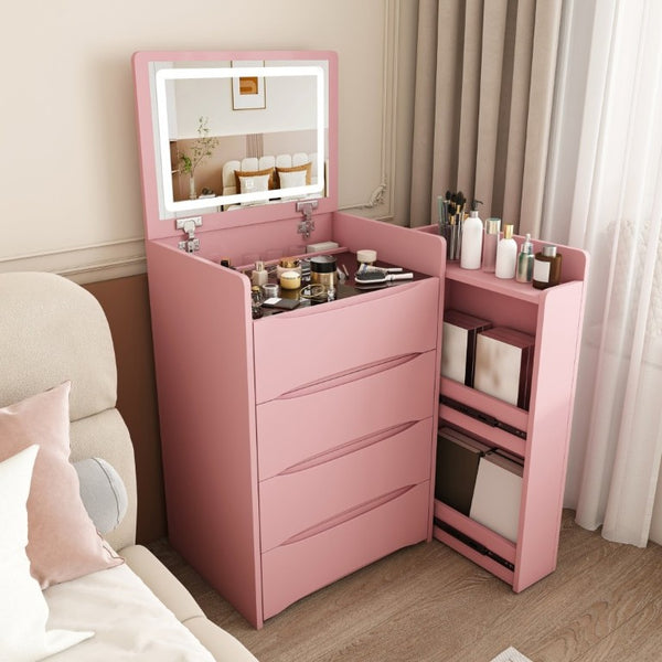 English Elm 3-In-1 Flip Mirror Vanity with LED Lighting Sliding Tray and Stool for Bedroom Pink W2700P507225
