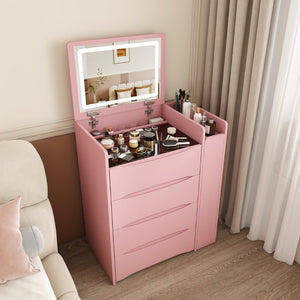 English Elm 3-In-1 Flip Mirror Vanity with LED Lighting Sliding Tray and Stool for Bedroom Pink W2700P507225