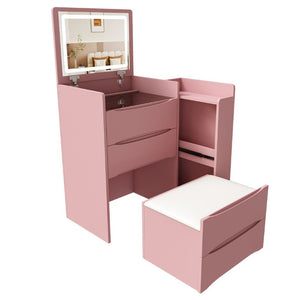 English Elm 3-In-1 Flip Mirror Vanity with LED Lighting Sliding Tray and Stool for Bedroom Pink W2700P507225