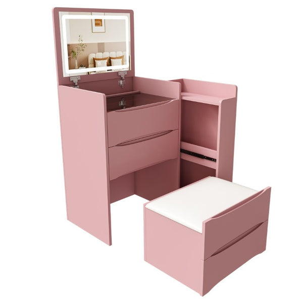 English Elm 3-In-1 Flip Mirror Vanity with LED Lighting Sliding Tray and Stool for Bedroom Pink W2700P507225