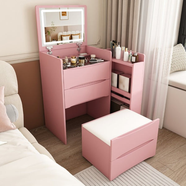 English Elm 3-In-1 Flip Mirror Vanity with LED Lighting Sliding Tray and Stool for Bedroom Pink W2700P507225