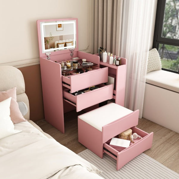 English Elm 3-In-1 Flip Mirror Vanity with LED Lighting Sliding Tray and Stool for Bedroom Pink W2700P507225