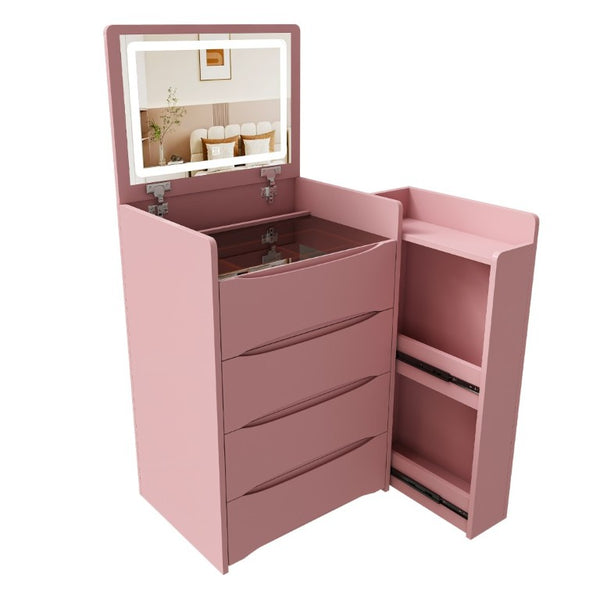 English Elm 3-In-1 Flip Mirror Vanity with LED Lighting Sliding Tray and Stool for Bedroom Pink W2700P507225