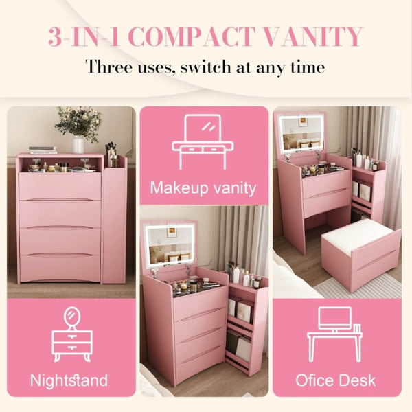 English Elm 3-In-1 Flip Mirror Vanity with LED Lighting Sliding Tray and Stool for Bedroom Pink W2700P507225