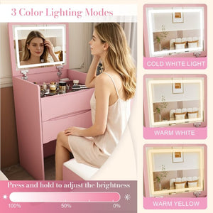 English Elm 3-In-1 Flip Mirror Vanity with LED Lighting Sliding Tray and Stool for Bedroom Pink W2700P507225