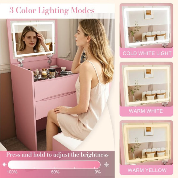 English Elm 3-In-1 Flip Mirror Vanity with LED Lighting Sliding Tray and Stool for Bedroom Pink W2700P507225