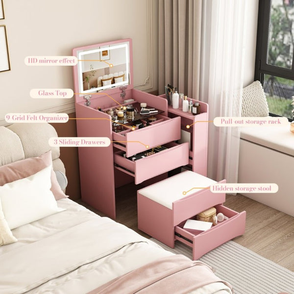 English Elm 3-In-1 Flip Mirror Vanity with LED Lighting Sliding Tray and Stool for Bedroom Pink W2700P507225