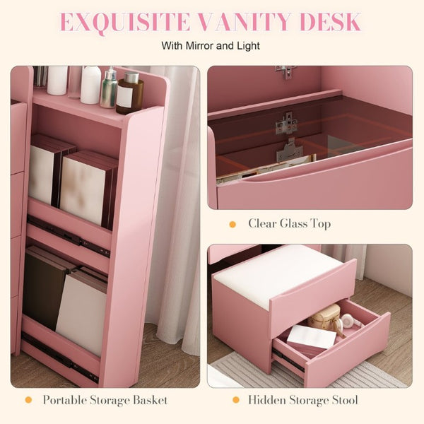 English Elm 3-In-1 Flip Mirror Vanity with LED Lighting Sliding Tray and Stool for Bedroom Pink W2700P507225