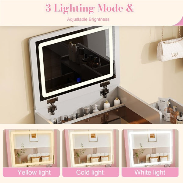 English Elm 3-In-1 Flip Mirror Vanity with LED Lighting Sliding Tray and Stool for Bedroom Pink W2700P507225