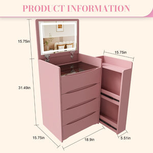 English Elm 3-In-1 Flip Mirror Vanity with LED Lighting Sliding Tray and Stool for Bedroom Pink W2700P507225