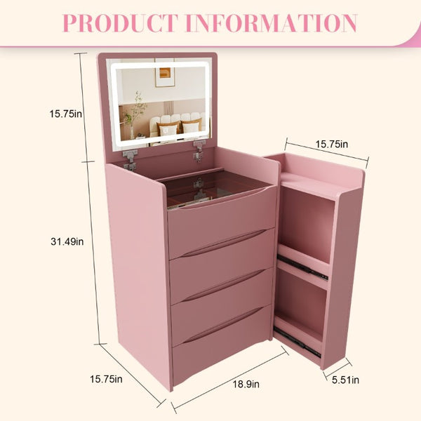 English Elm 3-In-1 Flip Mirror Vanity with LED Lighting Sliding Tray and Stool for Bedroom Pink W2700P507225