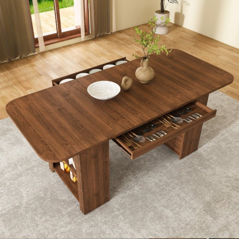 English Elm 70.87In Walnut Plank Dining Table with Drawers and Shelf Seats Six Modern Farmhouse W2700P519741
