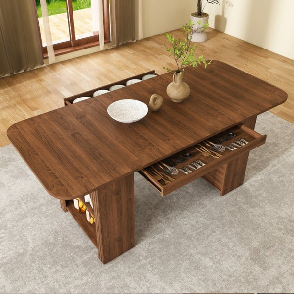 English Elm 70.87In Walnut Plank Dining Table with Drawers and Shelf Seats Six Modern Farmhouse W2700P519741