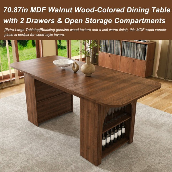 English Elm 70.87In Walnut Plank Dining Table with Drawers and Shelf Seats Six Modern Farmhouse W2700P519741