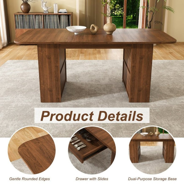 English Elm 70.87In Walnut Plank Dining Table with Drawers and Shelf Seats Six Modern Farmhouse W2700P519741