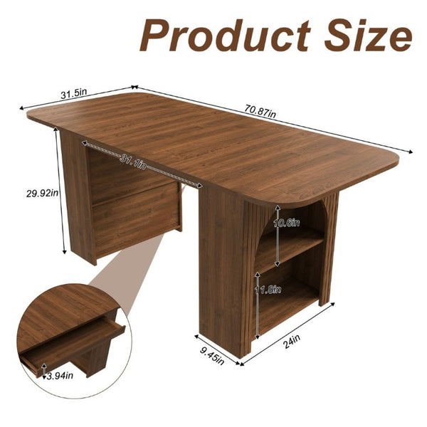 English Elm 70.87In Walnut Plank Dining Table with Drawers and Shelf Seats Six Modern Farmhouse W2700P519741