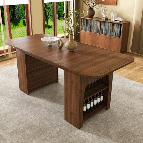 English Elm 70.87In Walnut Plank Dining Table with Drawers and Shelf Seats Six Modern Farmhouse W2700P519741