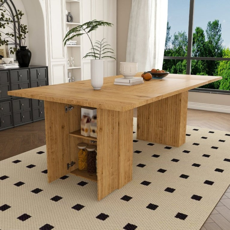 English Elm 78 Inch Oak Veneer Farmhouse Dining Table with Built-In Storage Base Seats Six W2700P523148