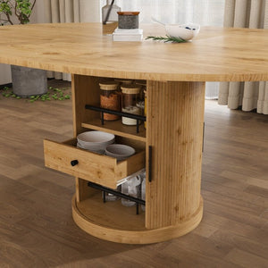 English Elm 59 Inch Extendable Oval Walnut Dining Table with Pedestal Base and Two Tier Shelf W2700P523149