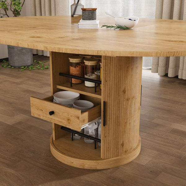 English Elm 59 Inch Extendable Oval Walnut Dining Table with Pedestal Base and Two Tier Shelf W2700P523149