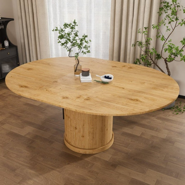 English Elm 59 Inch Extendable Oval Walnut Dining Table with Pedestal Base and Two Tier Shelf W2700P523149