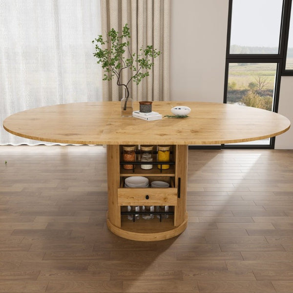 English Elm 59 Inch Extendable Oval Walnut Dining Table with Pedestal Base and Two Tier Shelf W2700P523149