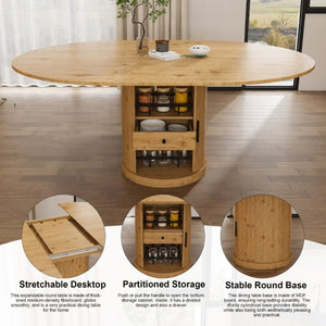 English Elm 59 Inch Extendable Oval Walnut Dining Table with Pedestal Base and Two Tier Shelf W2700P523149