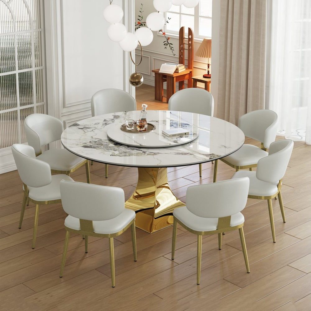 English Elm 59" Round Sintered Stone Dining Set Gold Hourglass Base 8 Upholstered Chairs Luxury W2700S00086